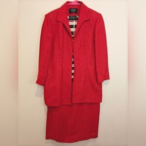Dana Buchman‎ Red Linen Blend Midi Skirt Suit Set Sz 10 Brown Tank Jacket Blazer